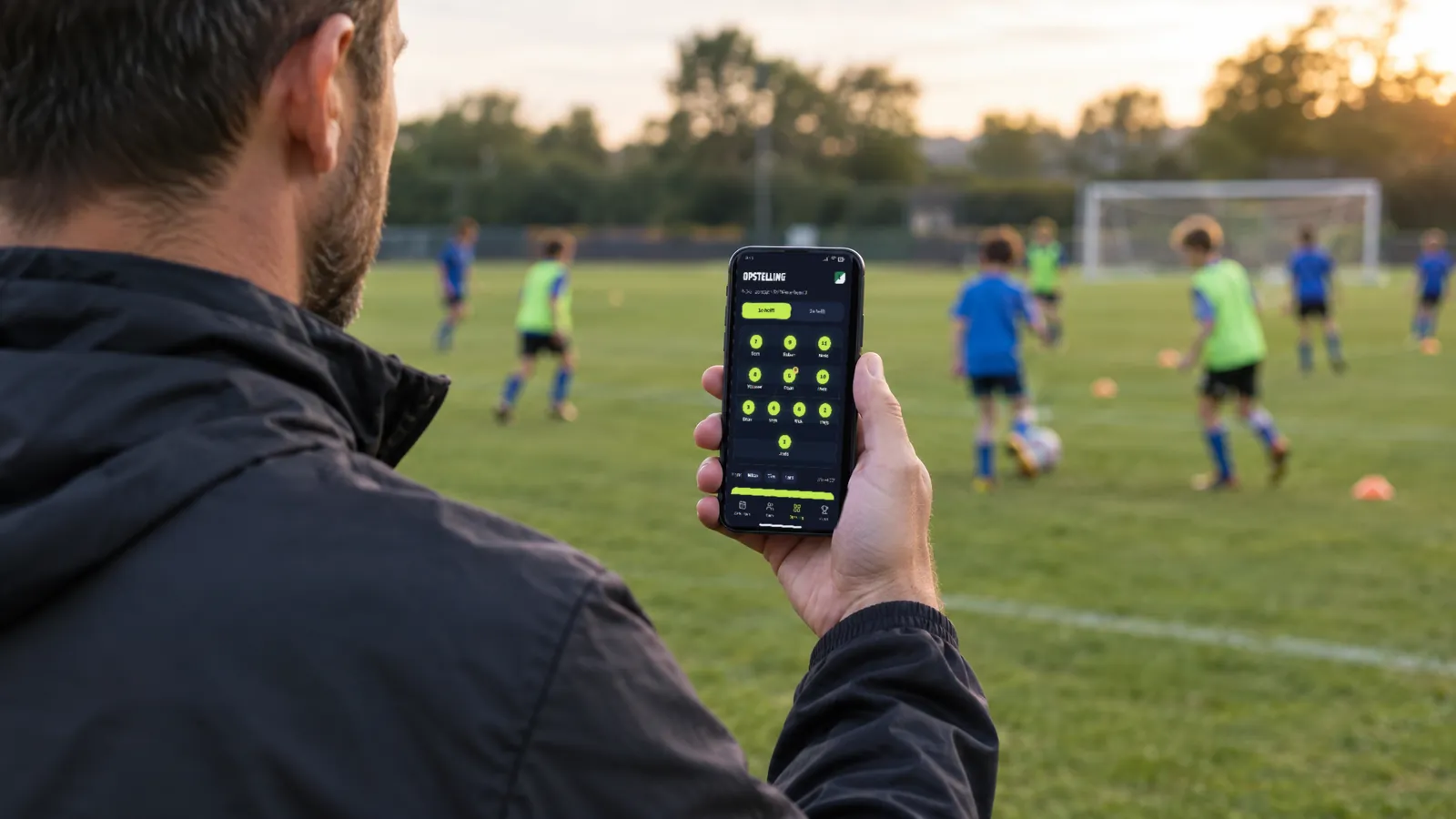Trainer langs het veld bekijkt de opstelling in de Basiself-app op zijn telefoon